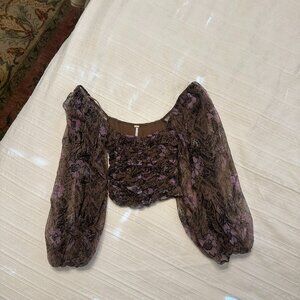 Free People Green Floral Ruched Bodice Puff Sleeve Blouse